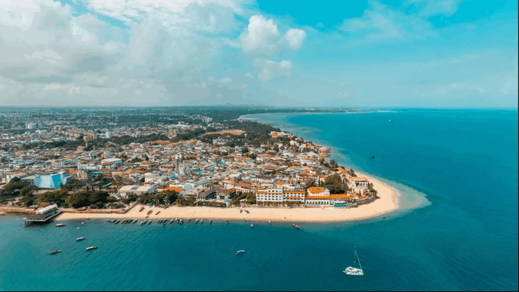 Beautiful aerial view of Zanzibar’s turquoise coast and beaches, perfect summer escape destination.